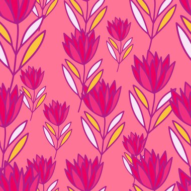 Beautiful flower seamless pattern. Simple outline floral wallpaper. Cute plants endless wallpaper. Design for fabric, textile print, wrapping, cover. Vector illustration