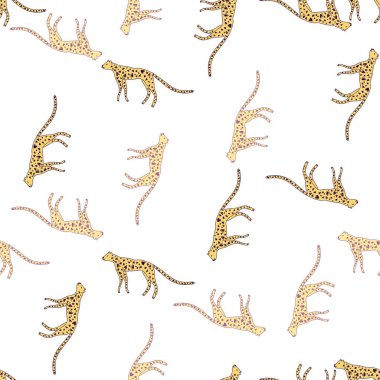 Hand drawn cute leopard seamless pattern. Doodle cheetah endless wallpaper. Wild animals background. Design for fabric, textile, wrapping, illustration