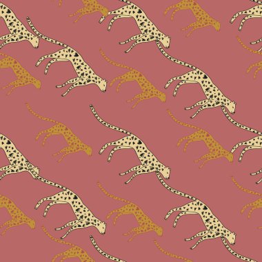 Hand drawn cute leopard seamless pattern. Doodle cheetah endless wallpaper. Wild animals background. Design for fabric, textile, wrapping, illustration