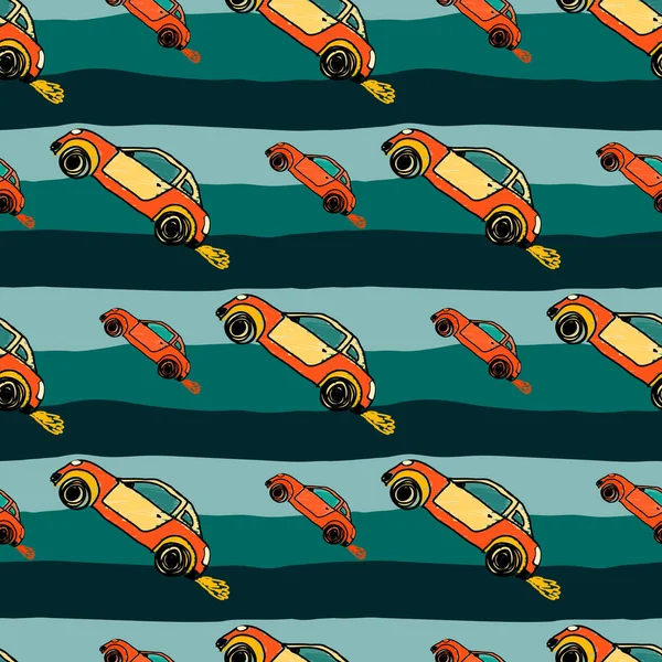 Cute sportcar seamless pattern. Transport wallpaper. Kids hand drawn automobile background. Doodle style. Design for fabric, textile print, wrapping, cover. Vector illustration