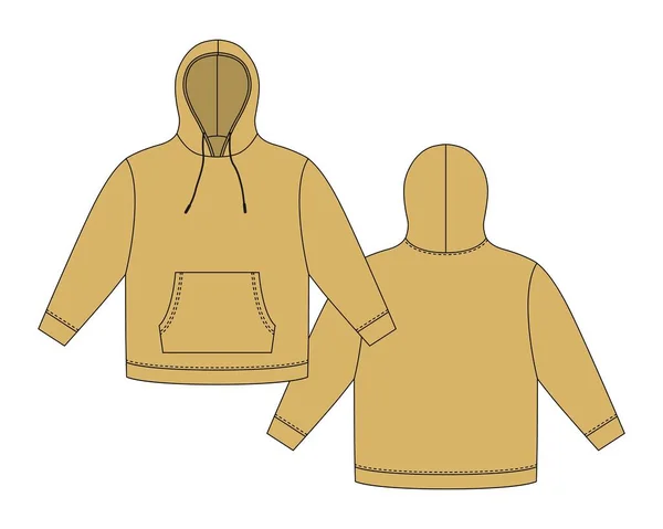 Hoodie Template Golden Color Apparel Hoody Technical Sketch Mockup Sweatshirt — Stockvector