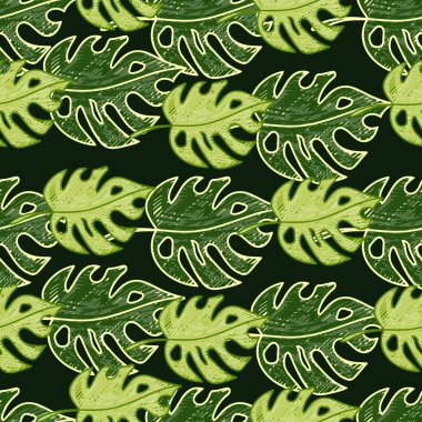 Scribble monstera leaves tropical seamless pattern. Hand drawn exotic hawaiian jungle backdrop. Rainforest background. Design for fabric, surface, textile print, wrapping, cover