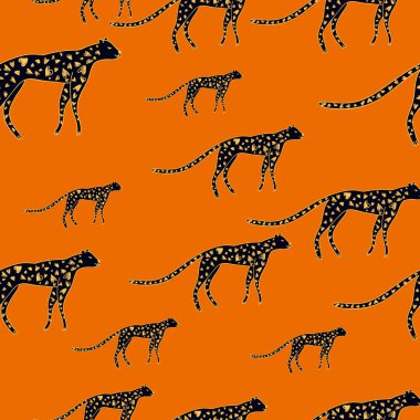 Hand drawn cute leopard seamless pattern. Doodle cheetah endless wallpaper. Wild animals background. Design for fabric, textile, wrapping, illustration