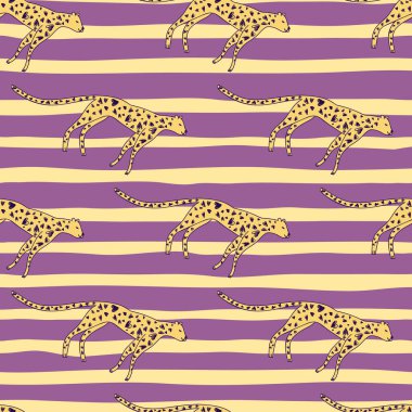 Hand drawn cute leopard seamless pattern. Doodle cheetah endless wallpaper. Wild animals background. Design for fabric, textile, wrapping, illustration