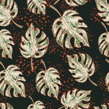 Scribble monstera leaves tropical seamless pattern. Hand drawn exotic hawaiian jungle backdrop. Rainforest background. Design for fabric, surface, textile print, wrapping, cover