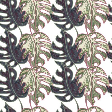 Scribble monstera leaves tropical seamless pattern. Hand drawn exotic hawaiian jungle backdrop. Rainforest background. Design for fabric, surface, textile print, wrapping, cover