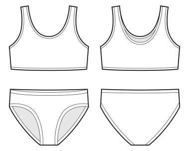 Sütyen ve külot takımı teknik skeç. İki parçalı mayo. Kadın iç çamaşırı tasarım şablonu. Arka ve ön manzara. Paketleme, moda kataloğu için tasarım. Vektör illüstrasyonu