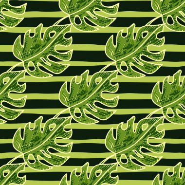 Scribble monstera leaves tropical seamless pattern. Hand drawn exotic hawaiian jungle backdrop. Rainforest background. Design for fabric, surface, textile print, wrapping, cover