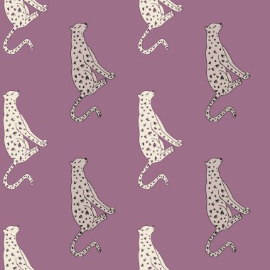 Doodle cheetah seamless pattern. Hand drawn cute leopard endless wallpaper. Wild animals background. Design for fabric, textile, wrapping, illustration