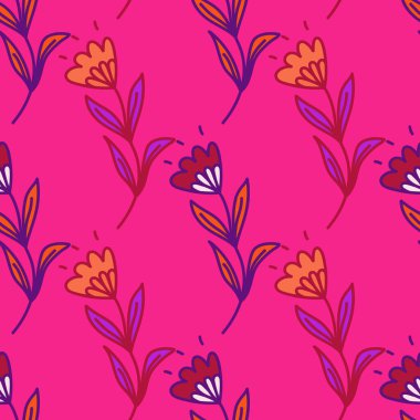 Şekillendirilmiş halk tarzında şirin çiçek deseni. Elle çizilmiş zarif botanik arka plan. Soyut karalama çiçekli duvar kağıdı. Kumaş, tekstil, ambalaj, kapak tasarımı.