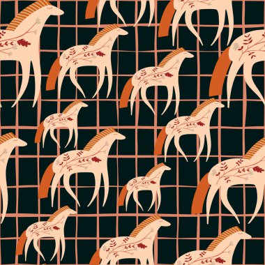 Elle çizilmiş at izi. Vahşi çiçekli ve stilize edilmiş hayvanlı şirin bir karikatür duvar kağıdı. Kumaş, tekstil baskısı, ambalaj kağıdı, kapak tasarımı. Vektör illüstrasyonu