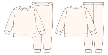 Kıyafet pijaması teknik taslak. Açık süt rengi. Çocuklar için pamuklu kazak ve pantolon. Çocuklar gece giysisi tasarım şablonu hazırlıyorlar. Ön ve arka manzara. CAD moda vektör illüstrasyonu