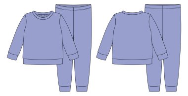 Apparel pajamas technical sketch. Violet color. Childrens cotton sweatshirt and pants. Kids outline nighwear design template. Front and back view. CAD fashion vector illustration