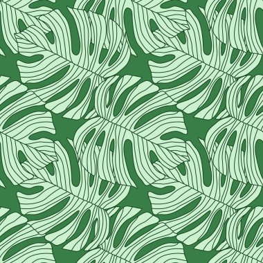 Tasarlanmış canavar siluetleri kusursuz desenler. Avuç içleri sonsuz. Botanik duvar kağıdı. Kumaş tasarımı için dekoratif zemin, tekstil baskısı, ambalaj, kapak. Vektör illüstrasyonu