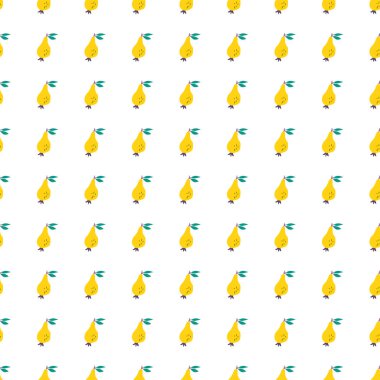 Elle çizilmiş armutsuz desen. Fruits botanik arka planı. Kumaş, tekstil baskısı, ambalaj kağıdı, çocuk tekstili ve yüzey için komik bir tasarım. Vektör illüstrasyonu