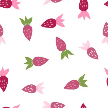 Basit, dikişsiz çilek deseni. El yapımı çilek duvar kağıdı. Meyve arkaplanı. Kumaş, tekstil baskısı, ambalaj kağıdı, mutfak tekstili, kapak tasarımı. Vektör illüstrasyonu