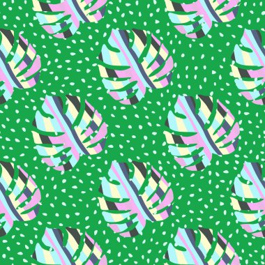 Dekoratif canavar siluetleri kusursuz desen. Egzotik palmiye yaprakları duvar kağıdı. Bitmeyen botanik geçmişi. Kumaş tasarımı için zemin, tekstil baskısı, ambalaj, kapak. Vektör illüstrasyonu