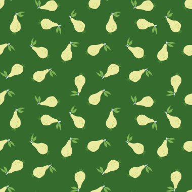 Elle çizilmiş armutsuz desen. Fruits botanik arka planı. Kumaş, tekstil baskısı, ambalaj kağıdı, çocuk tekstili ve yüzey için komik bir tasarım. Vektör illüstrasyonu