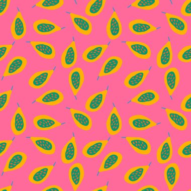 Papayalarla kusursuz desen. Papaya süs arkaplanı. Meyve arkaplanı. Kumaş, tekstil baskısı, ambalaj kağıdı, mutfak tekstili, kapak tasarımı. Vektör illüstrasyonu