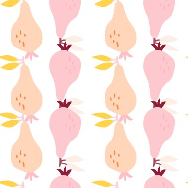 Elle çizilmiş armutsuz desen. Fruits botanik arka planı. Kumaş, tekstil baskısı, ambalaj kağıdı, çocuk tekstili ve yüzey için komik bir tasarım. Vektör illüstrasyonu