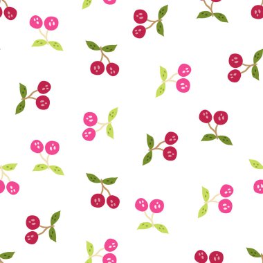El yapımı kiraz böğürtlenleri ve pürüzsüz yapraklar. El yapımı kiraz duvar kağıdı. Meyve arkaplanı. Kumaş, tekstil baskısı, ambalaj kağıdı, mutfak tekstili, kapak tasarımı. Vektör illüstrasyonu