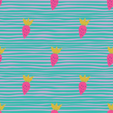 Basit, dikişsiz çilek deseni. El yapımı çilek duvar kağıdı. Meyve arkaplanı. Kumaş, tekstil baskısı, ambalaj kağıdı, mutfak tekstili, kapak tasarımı. Vektör illüstrasyonu