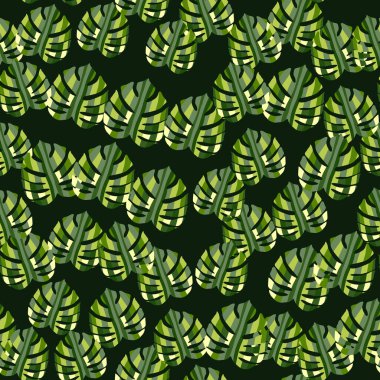 Dekoratif canavar siluetleri kusursuz desen. Egzotik palmiye yaprakları duvar kağıdı. Bitmeyen botanik geçmişi. Kumaş tasarımı için zemin, tekstil baskısı, ambalaj, kapak. Vektör illüstrasyonu