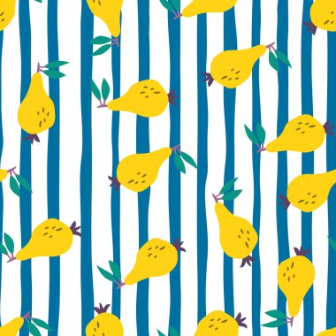 Elle çizilmiş armutsuz desen. Fruits botanik arka planı. Kumaş, tekstil baskısı, ambalaj kağıdı, çocuk tekstili ve yüzey için komik bir tasarım. Vektör illüstrasyonu