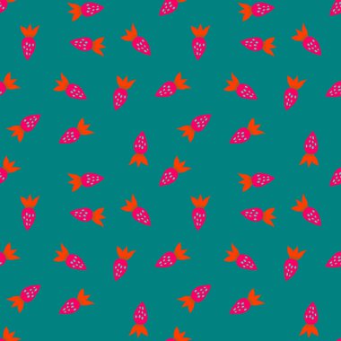 Basit, dikişsiz çilek deseni. El yapımı çilek duvar kağıdı. Meyve arkaplanı. Kumaş, tekstil baskısı, ambalaj kağıdı, mutfak tekstili, kapak tasarımı. Vektör illüstrasyonu