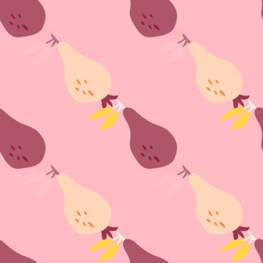 Elle çizilmiş armutsuz desen. Fruits botanik arka planı. Kumaş, tekstil baskısı, ambalaj kağıdı, çocuk tekstili ve yüzey için komik bir tasarım. Vektör illüstrasyonu