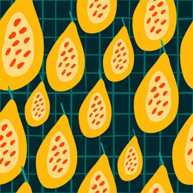 Papayalarla kusursuz desen. Papaya süs arkaplanı. Meyve arkaplanı. Kumaş, tekstil baskısı, ambalaj kağıdı, mutfak tekstili, kapak tasarımı. Vektör illüstrasyonu