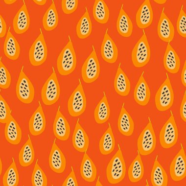 Papayalarla kusursuz desen. Papaya süs arkaplanı. Meyve arkaplanı. Kumaş, tekstil baskısı, ambalaj kağıdı, mutfak tekstili, kapak tasarımı. Vektör illüstrasyonu