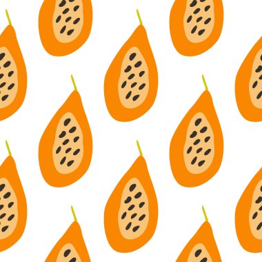 Papayalarla kusursuz desen. Papaya süs arkaplanı. Meyve arkaplanı. Kumaş, tekstil baskısı, ambalaj kağıdı, mutfak tekstili, kapak tasarımı. Vektör illüstrasyonu
