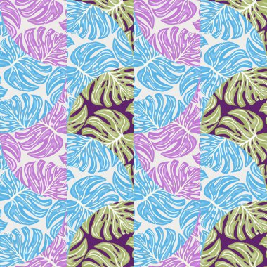 Doodle monstera mosaic seamless pattern. Botanical leaf endless wallpaper. Creative palm leaves tile. Designed for fabric design, textile print, wrapping, cover. Vector illustration