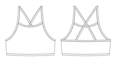 Girl bralette technical sketch. Women's top bra with straps underwear design template. Casual underclothing. Front and back views. Vector CAD design illustration