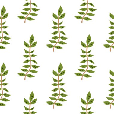 Yaprakları pürüzsüz olan el çizimi dallar. Basit organik arka plan. Dekoratif orman yaprağı sonsuz duvar kağıdı. Kumaş, tekstil baskısı, ambalaj, kapak tasarımı. Vektör illüstrasyonu.