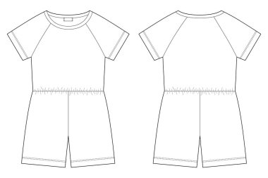 Cotton oversized raglan jumpsuit technical sketch. Women's romper design template. Casual underclothing. Front and back views. Vector CAD design illustration