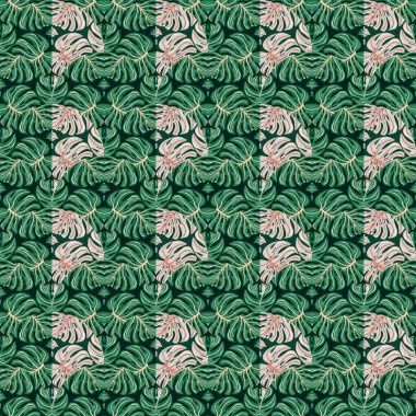 Doodle monstera mosaic seamless pattern. Botanical leaf endless wallpaper. Creative palm leaves tile. Designed for fabric design, textile print, wrapping, cover. Vector illustration
