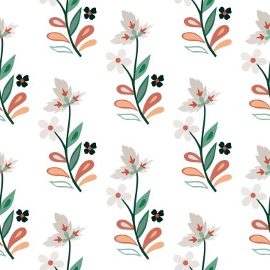 Abstract cute leaves and flower seamless pattern. Beautiful floral wallpaper. Cute plants endless backdrop. Design for fabric, textile print, wrapping paper, cover. Vector illustration