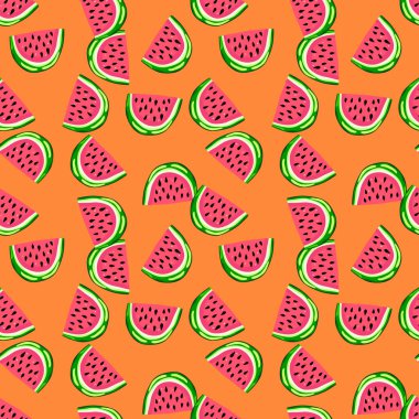Hand drawn watermelon slices seamless pattern. Cute watermelons endless wallpaper. Funny fruit backdrop. Food design for fabric, textile print, wrapping, cover. Vector illustration