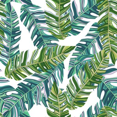 Graphic exotic plant foliage seamless pattern. Tropical pattern, palm leaves seamless floral background. Leaf wallpaper. Nature wallpaper. For fabric design, textile print, wrapping, cover