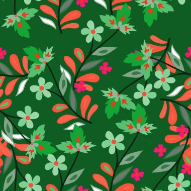 Abstract cute leaves and flower seamless pattern. Beautiful floral wallpaper. Cute plants endless backdrop. Design for fabric, textile print, wrapping paper, cover. Vector illustration