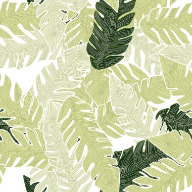 Graphic tropical pattern, palm leaves seamless floral background. Abstract leaf wallpaper. Nature wallpaper. Exotic plant foliage backdrop. For fabric design, textile print, wrapping, cover