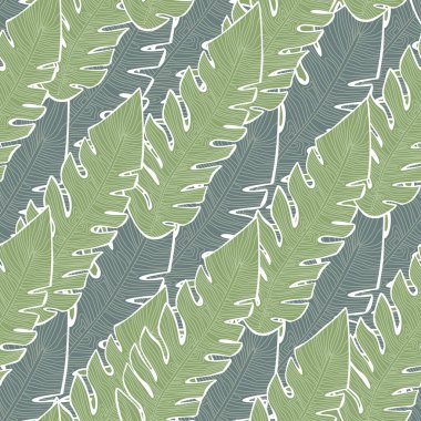 Graphic tropical pattern, palm leaves seamless floral background. Abstract leaf wallpaper. Nature wallpaper. Exotic plant foliage backdrop. For fabric design, textile print, wrapping, cover