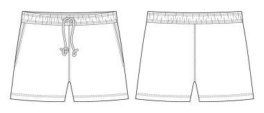 Blank shorts pants technical sketch design template. Casual shorts with pockets and lace. CAD mockup. Front and back. Fashion vector illustration.