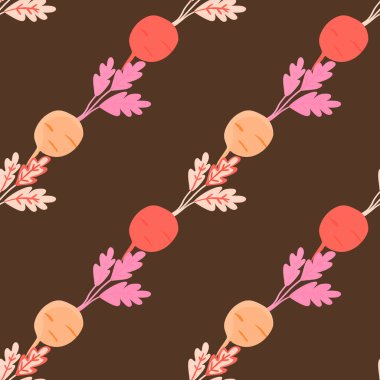 Hand drawn radish seamless pattern. Radish with leaves backdrop. Vegetarian healthy food backdrop. Design for fabric, textile print, wrapping paper. Vector illustration