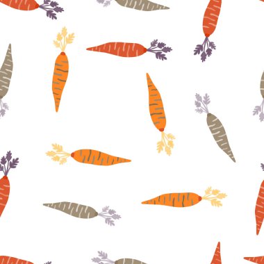 Hand drawn carrot seamless pattern. Doodle carrots wallpaper. Vegetarian healthy food backdrop. Design for fabric, textile print, wrapping paper. Vector illustration