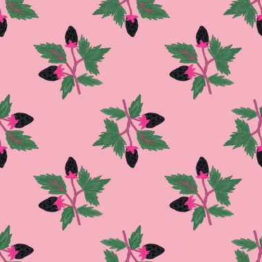 Freehand wild strawberry branch seamless pattern. Hand drawn wild berries floral wallpaper. Strawberry plant endless backdrop. For fabric, textile print, wrapping paper, cover. Vector illustration
