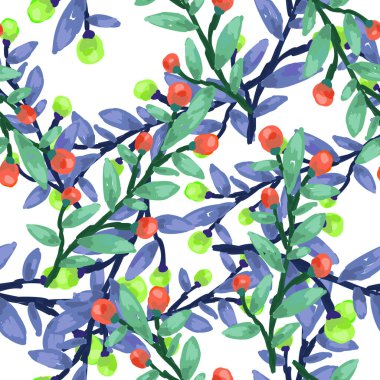 Seamless pattern with berry branches. Hand drawn wild berries floral wallpaper. Design for fabric, textile print, wrapping paper, cover. Vector illustration
