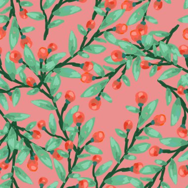 Seamless pattern with berry branches. Hand drawn wild berries floral wallpaper. Design for fabric, textile print, wrapping paper, cover. Vector illustration